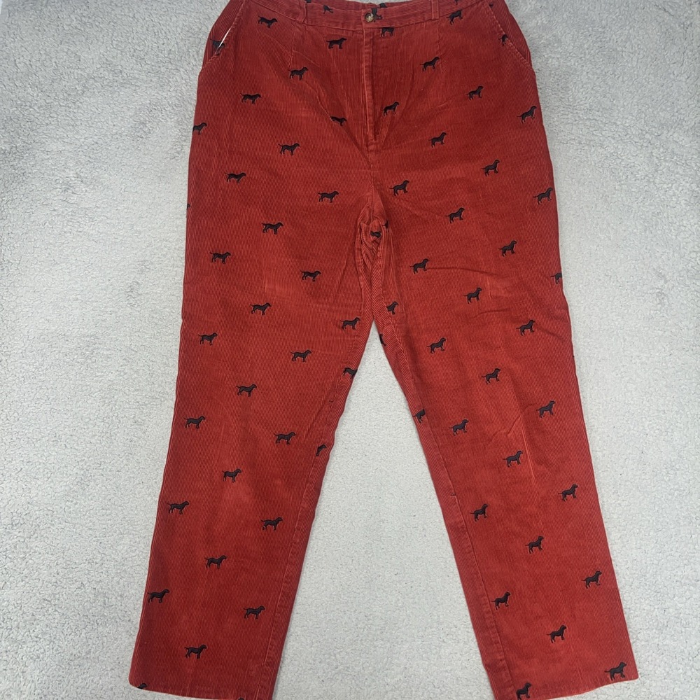 VTG Orvis Pants Women Sz 16 (33x30.5) Red Corduroy Pleated AOP Dog Embroidered